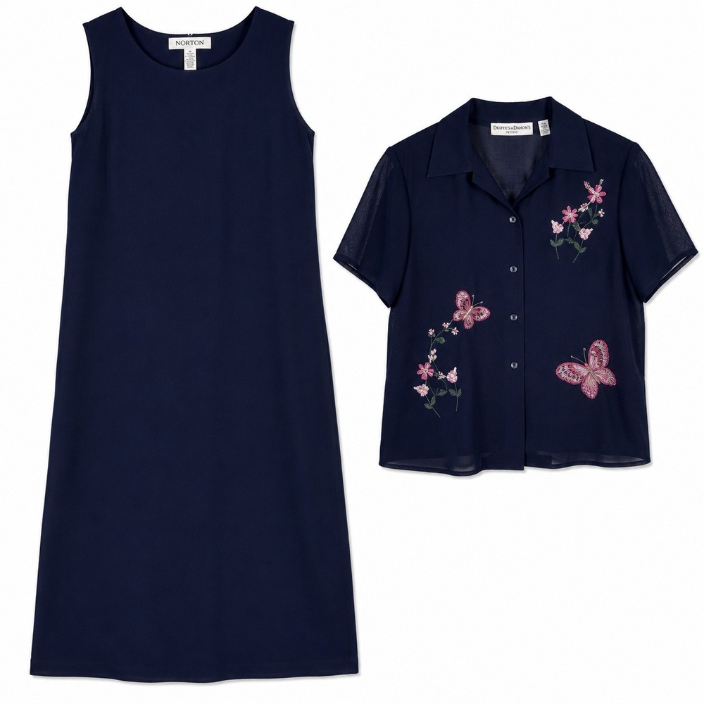 Drapers & Damons Navy Blue Dress Set Butterfly Fairy Embroidery 6P Cottagecore